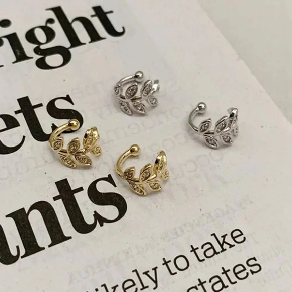 Sterling Silver Diamond Leaf Ear Cuffs Gold Silver - Picture 8 of 12